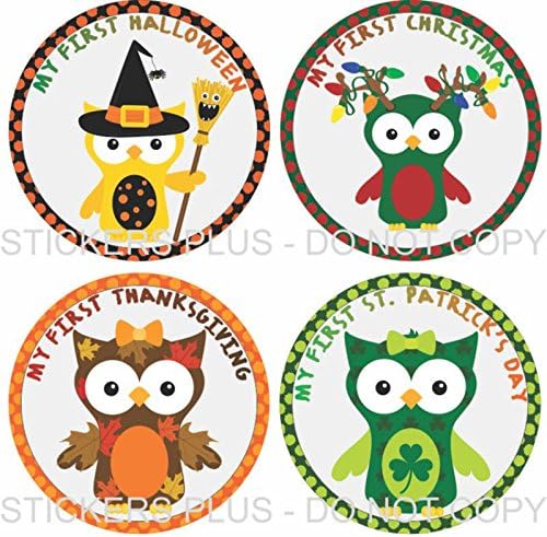 Baby Girl First Holiday Stickers Baby Milestone Stickers Owls First Christmas First Birthday Halloween Easter Thanksgiving St. Patrick's Day Valentine's Day Easter