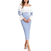 AISWI Off Shoulder Maternity Dress Ruffle Trim Bell Sleeve Stretchy Fitted Pregnancy Dresses Baby Shower Photoshoot