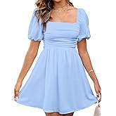 JKMNAO Women's Summer Square Neck Short Dress Puff Sleeve Off Shoulder Sundress Casual A Line Mini Graduation Dresses