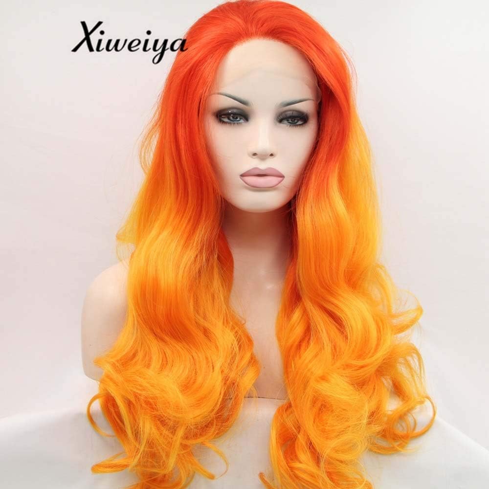 Xiweiya Wigs Ombre Orange Wigs Long Body Wave Synthetic Lace Front Wigs Premium Orange Cosplay Heat Resistant Fiber Hair Wigs For Women
