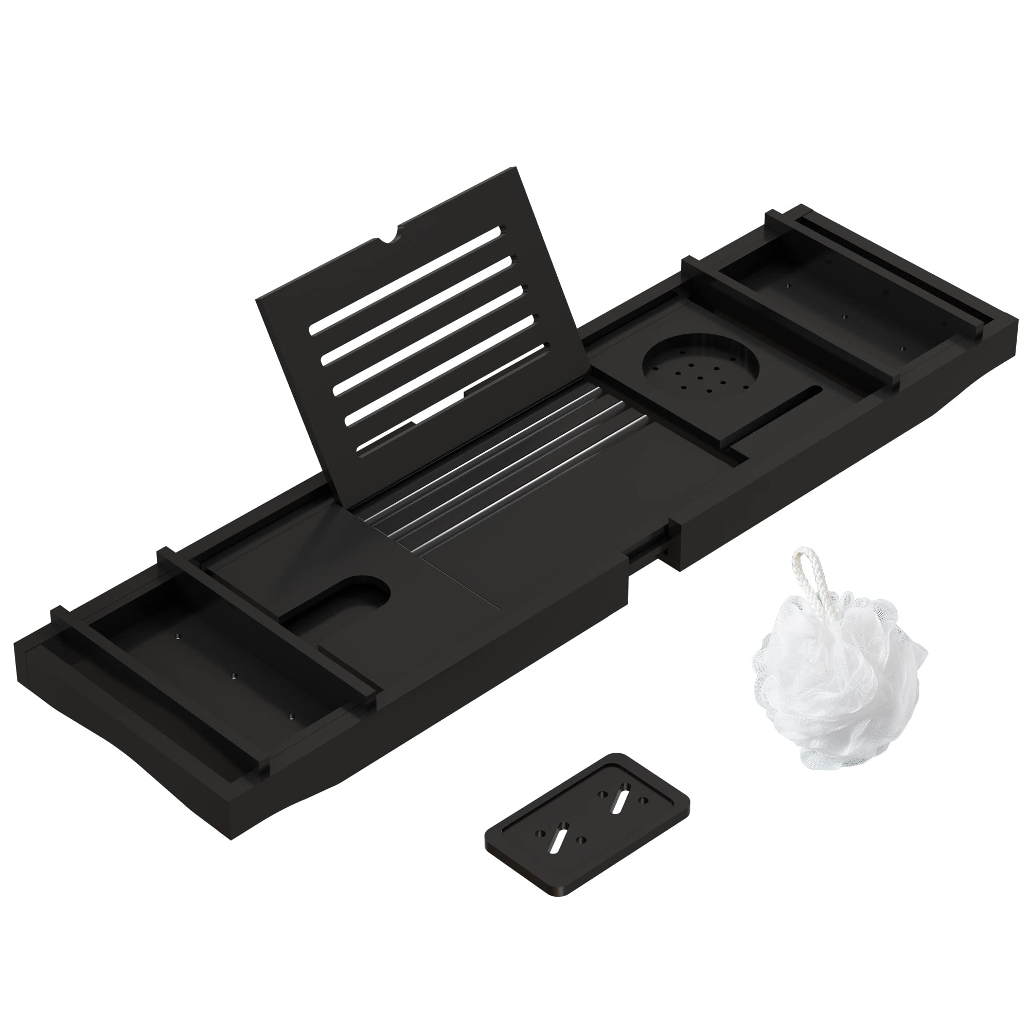 Bamboo Bathtub Tray for Luxury Bathroom, Expandable Premium Bath Tray w/Soap Towel Book Holder, Adjustable Bath Accessories for Tub,Extendable Tub Tray with Wine Glass Cup Organizer 29.5"-43.3" Black Image