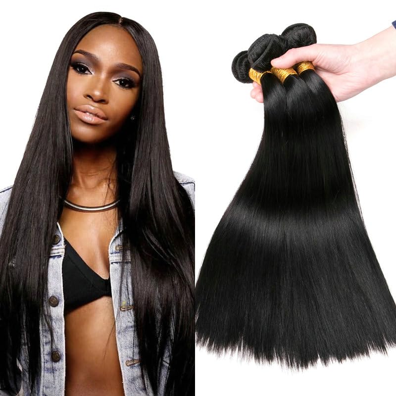 Urshiney Straight Human Hair Bundles for Women Short Brazilian Virgin Hair Machine Made Double Weft Straight Weave Bundles Human Hair Natural Black Color Can Be Dyed Total 300g 8 8 8 Inch
