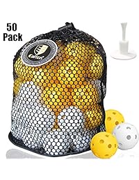 CAITON Pelotas de golf de plástico, pelotas de golf de práctica, pelotas de golf perforadas, pelotas de golf de entrenamiento para el hogar, práctica de tuerca, práctica de columpio, rango de conducción, paquete de 50 con tete de goma ajustable