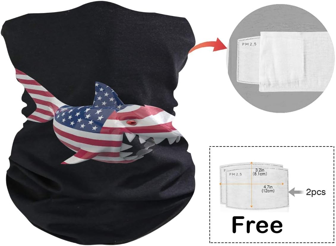 Neck Gaiter with Carbon Filter UV Protection Balaclava Bandana Face Cover Scarf Headwear for Hot Summer Cycling Hiking Sport Outdoor American Flag Shark 2010103