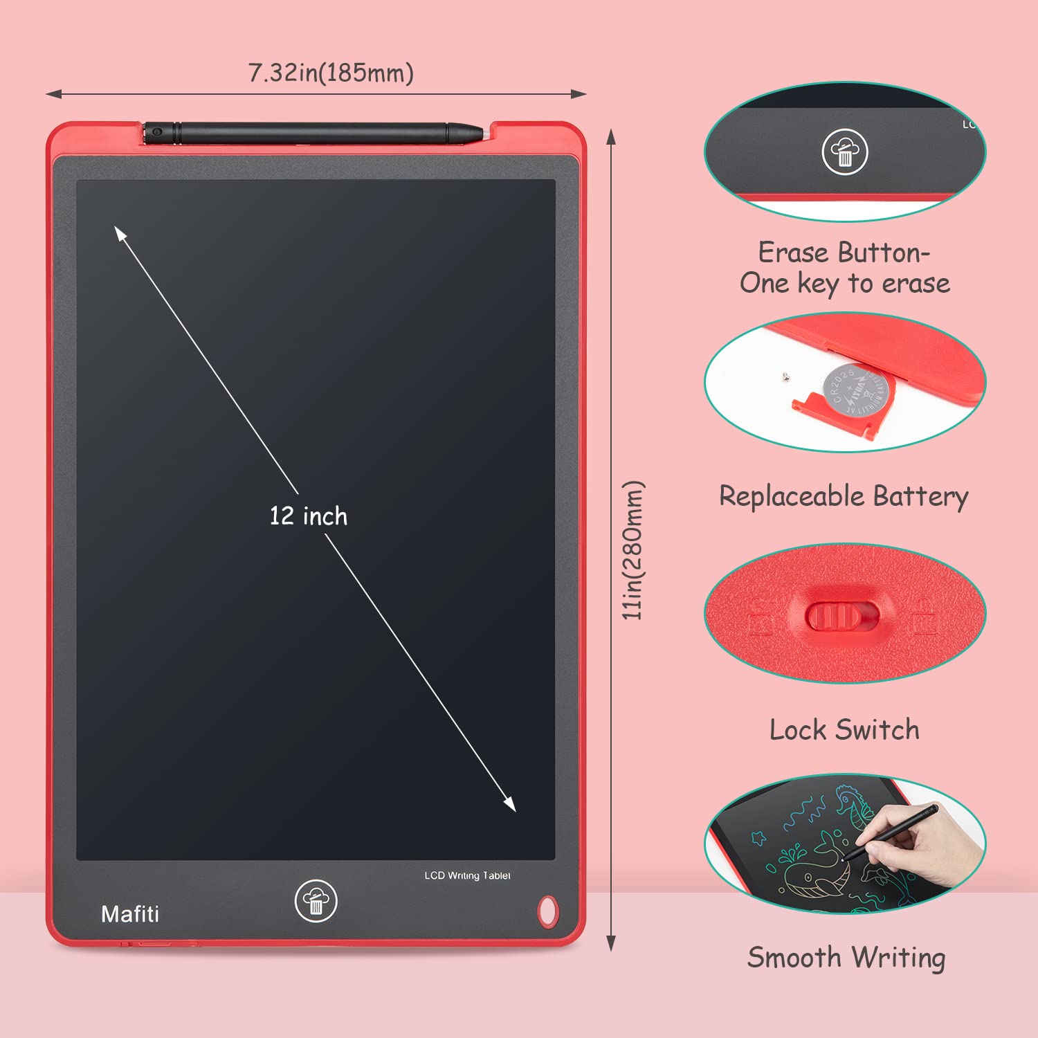 Mafiti LCD Writing Tablet 12 Inch Electronic Writing Drawing Pads Doodle Board for Kids Birthday Gifts Toys for Boys Girls Age 3 4 5 6 7 8 Year Old Red