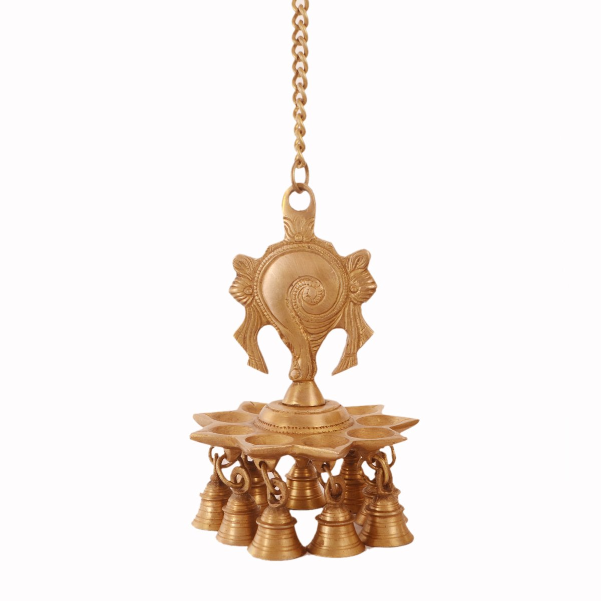 Purpledip Brass Hanging Diya Nila Vilakku Oil Lamp with Bells: Gada Padma Padmanabha Swami Vishnu Symbol Shankh (11183)