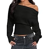LOFAAC Women Sexy Off Shoulder Cinched Waist Knitted Sweater Top Asymmetrical Neck Long Sleeve Ribbed Pullover Jumper