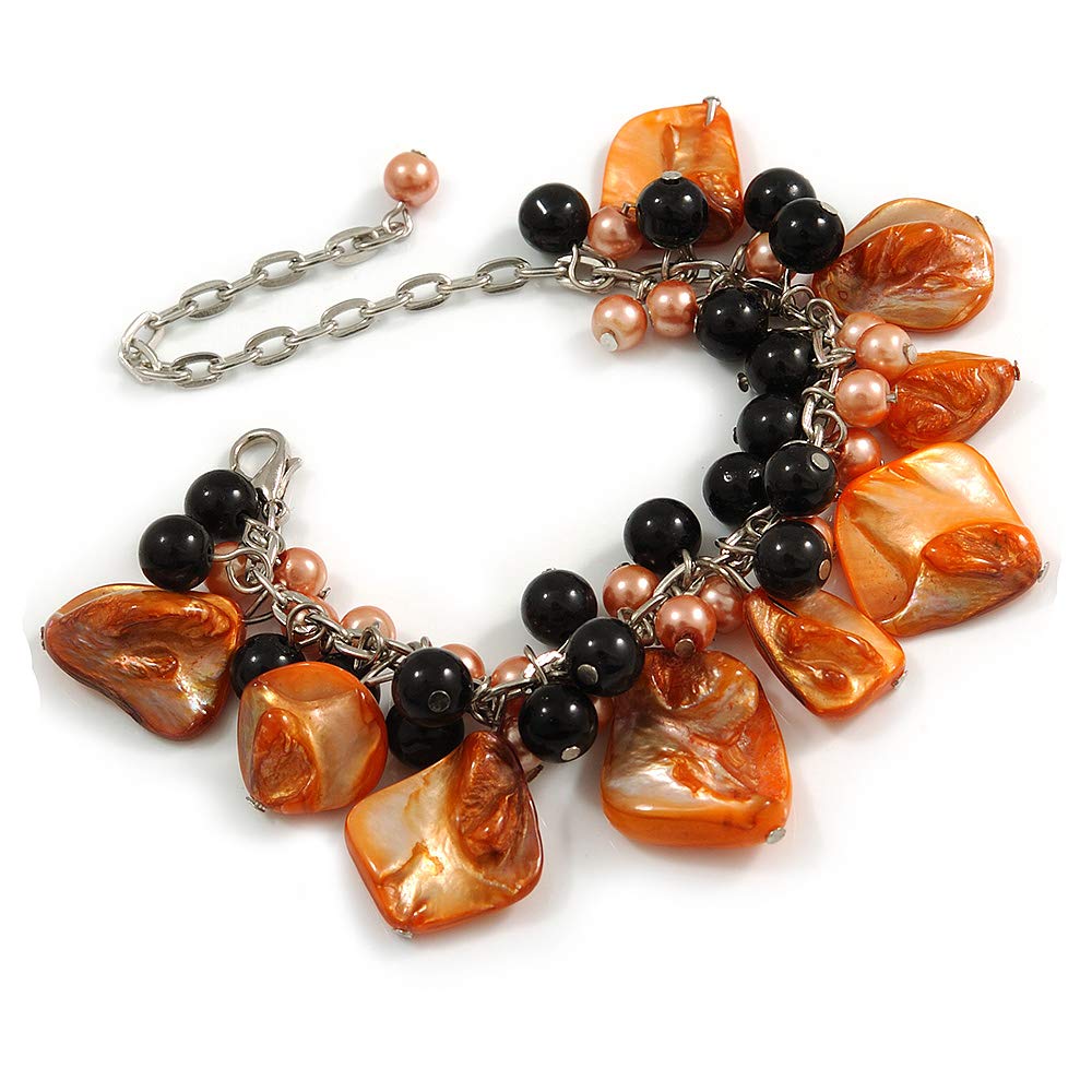 Avalaya Orange/Black Simulated Pearl Bead & Shell Component Charm Bracelet (Silver Tone) - 15cm Long/ 7cm Ext