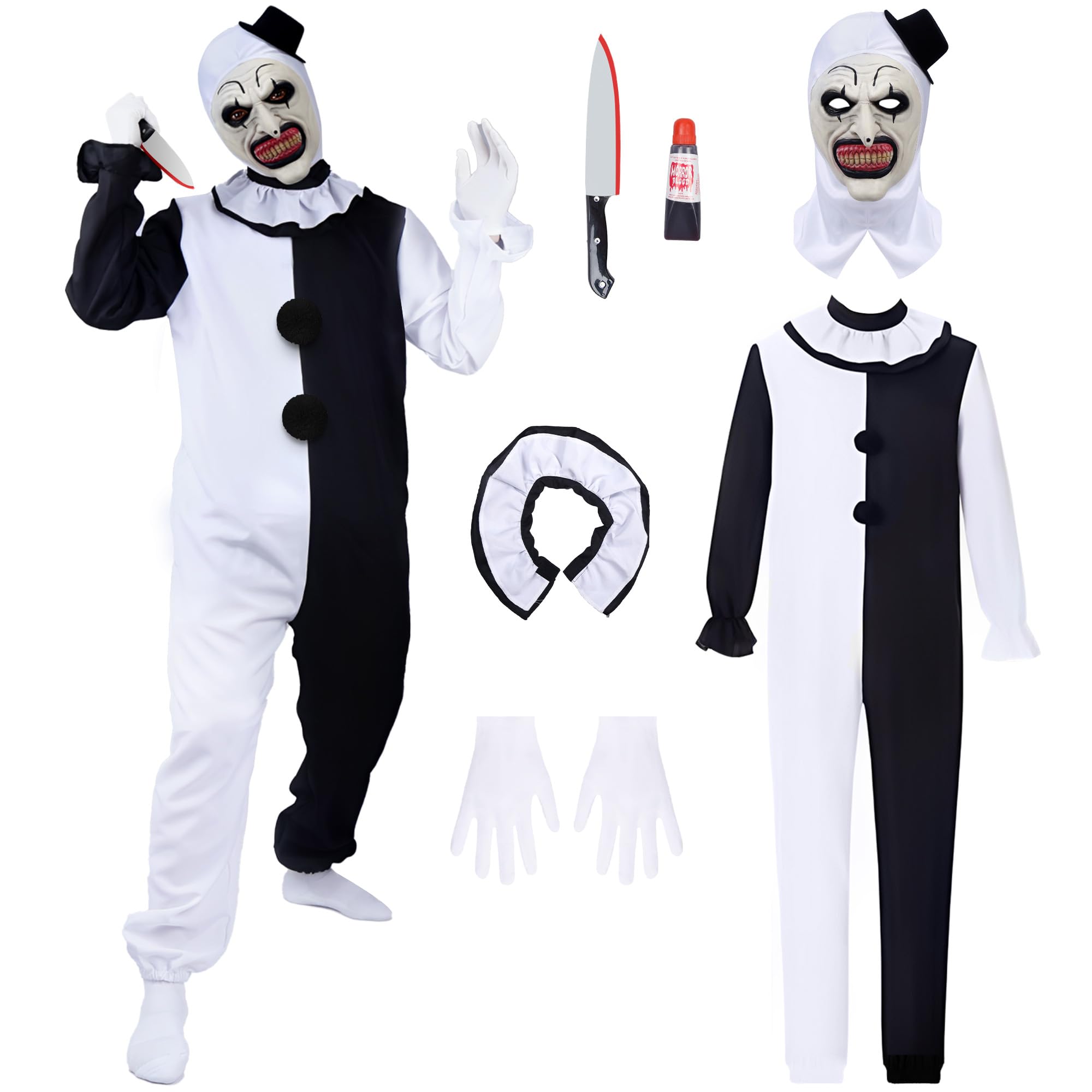 Photo 1 of Art Clown Cosplay Costume,Halloween Terrifier Costume Killer Clown Horror Outfit with Jumpsuit,Latex Mask,Fake Knife,Plasma for Adult Men Women SIZE L