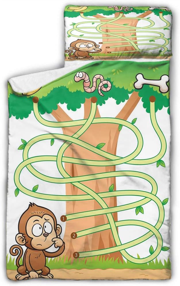 Kids Activity Daycare Toddler Nap Mat Curious Monkey Trying to Reach The Banana Maze Design Pathway Funky Forest Multicolor for Preschool, Daycare, Kindergarten 43X21 INCH