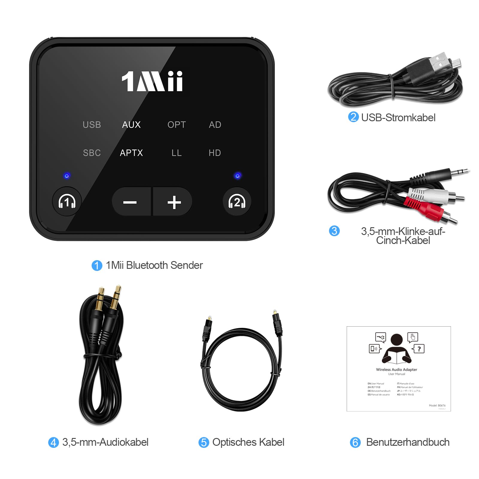 1Mii B06T6 Bluetooth 5.3 Transmitter für TV, aptX Low Latency/HD/Adaptive Audio Sender mit Dual Link für 2 Kopfhörer, Optisch/AUX/RCA/USB Audio Adapter, bis zu 30 m Reichweite 7
