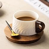 GLLead White Tea Cup and Saucer Set Ceramic Espresso Coffee Cup with Wooden Plate Stainless Spoon 6oz Set of 1 (GL-CS02)