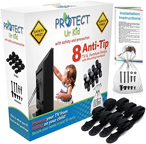 Anti Tip Furniture Anchor &amp; TV Straps w/ Ultra-Strong Mounting Hardware Locks-In Heavy Objects for Instant Earthquake, Child &amp; Baby Proofing (Black, 8 Straps)