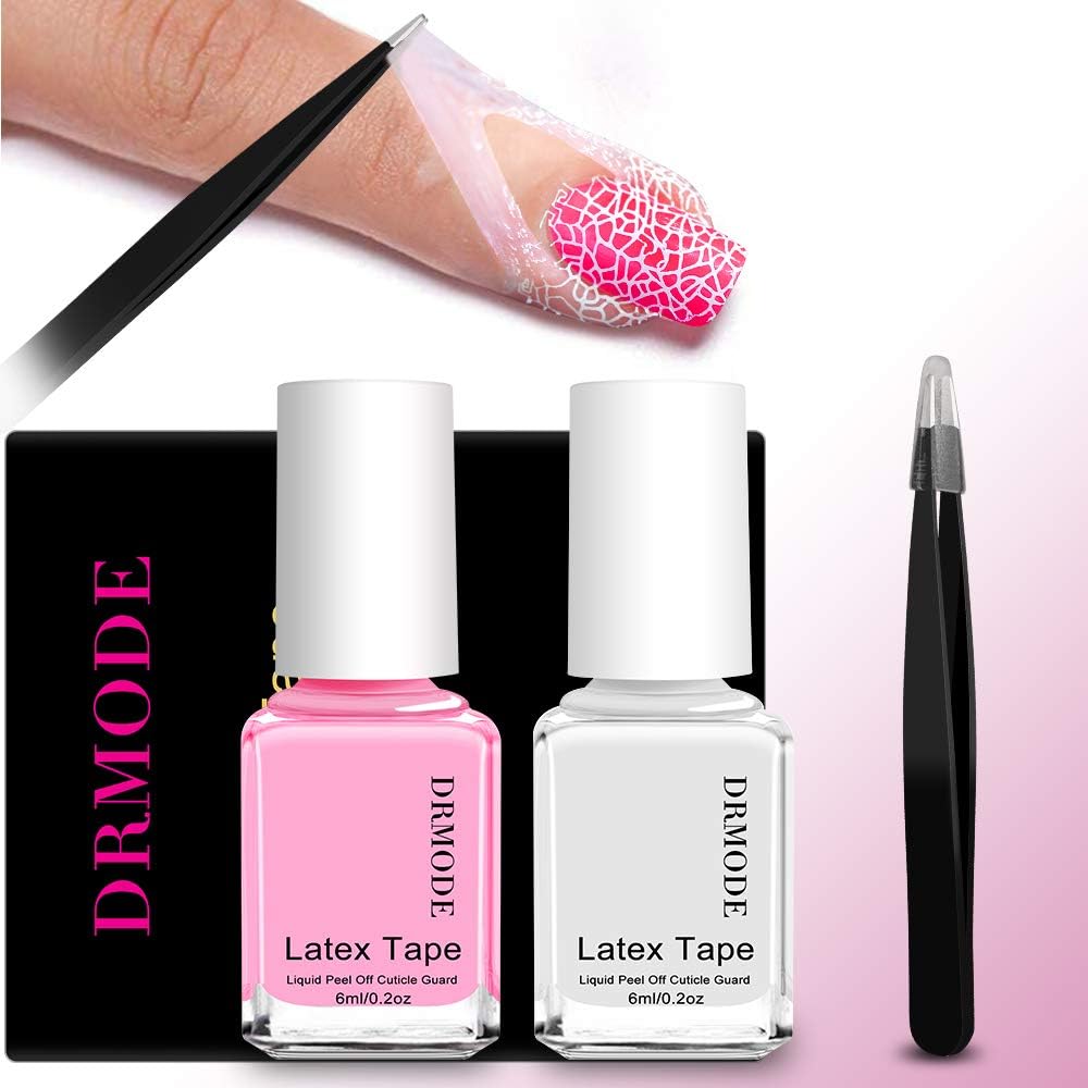 Liquid Latex for Nails - 2PCS Upgrade Fast Drying Peel Off Nail Polish Barrier Cuticle Guard, Stamping Skin Protector Latex Tape with Bonus Tweezers for Various Nail Art by DR.MODE: Health & Personal Care