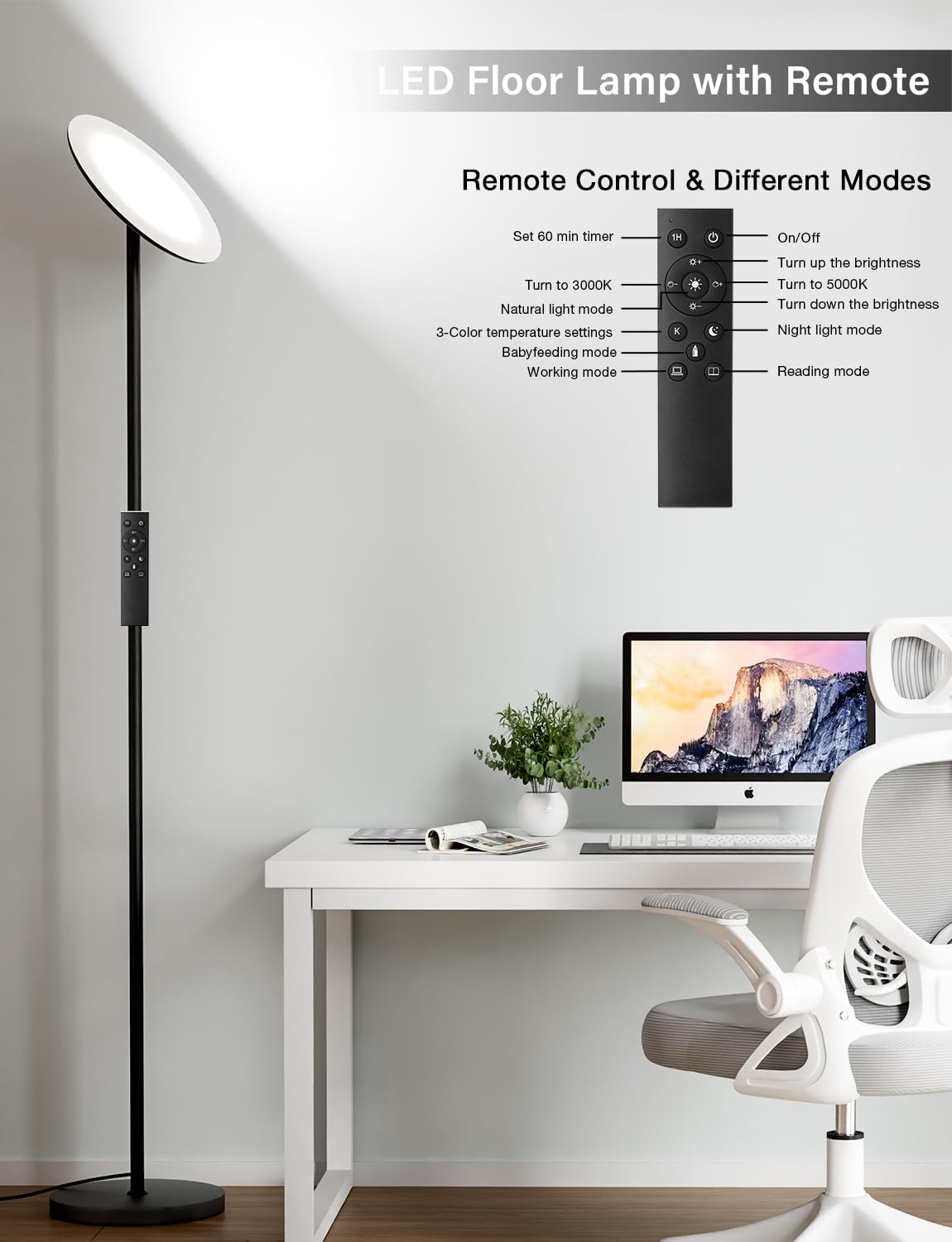 Modern LED Floor Lamp - Remote & Touch Control, 40W/2400LM Sky Torchiere Standing Lamp, Fully Dimmable, 3 Color Temperatures, Ideal for Living Room & Bedroom, Easy to Assemble