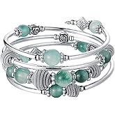 PEARL&CLUB Beaded Chakra Bangle Turquoise Bracelet - Fashion Jewelry Wrap Bracelet with Thick Silver Metal and Mala Beads, Birthday Gifts For Women