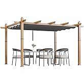 10x13 Ft Outdoor Retractable Pergola Aluminium Pergola Canopy with Adjustable Roof, Upgraded Faux Wood Grain Modern Metal Patio Pergola for Deck, Backyard Garden, Porch, Grape Trellis, Grey