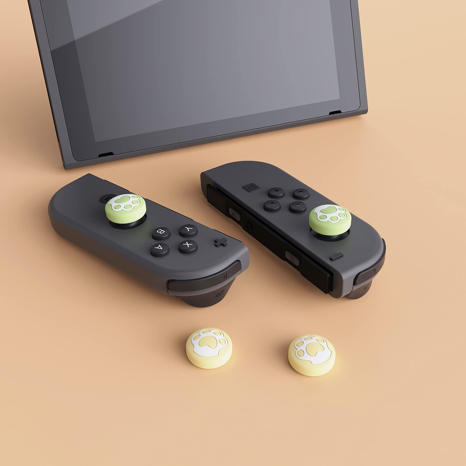 eXtremeRate PlayVital Cute Thumb Grip Caps for Nintendo Switch, Joystick Caps for Switch Lite, Silicone Analog Cover Thumbstick Grips for Switch OLED Joycon - Cat Paw Matcha Green & Cream Yellow