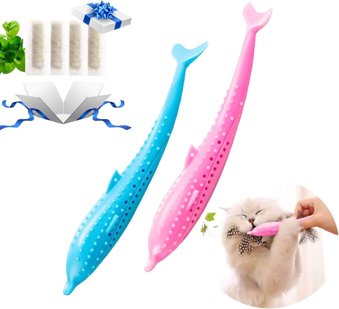 Funmo Catnip Toys Pet Toothbrushes, 2 Pack Silicone Fish Shape Cat