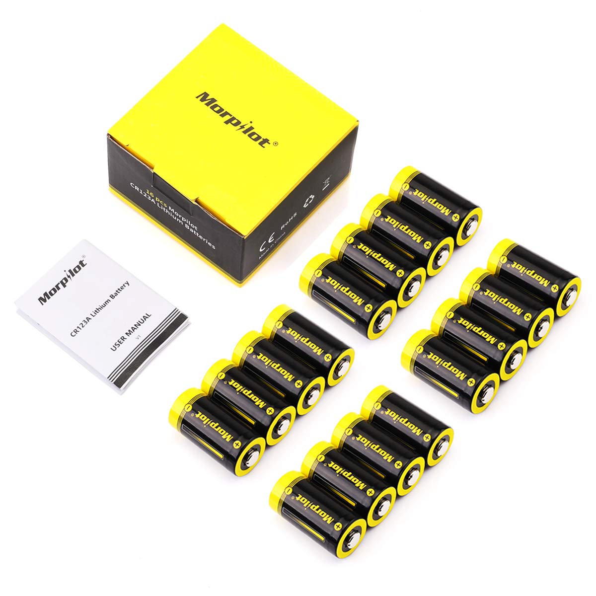 Morpilot 3V CR123A Lithium Battery, High Capacity 16 Pack 1500mAh Non-Rechargeable CR123A Batteries PTC Protected for Arlo Cameras, Flashlight, Camera, Toys, Alarm System