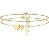 M MOOHAM Gold Initial Ankle Bracelets for Women - Layered Heart Letter A-Z Initial Dainty Gold Anklets for Women Waterproof, Womens Anklets Jewelry Birthday Gifts Jewelry