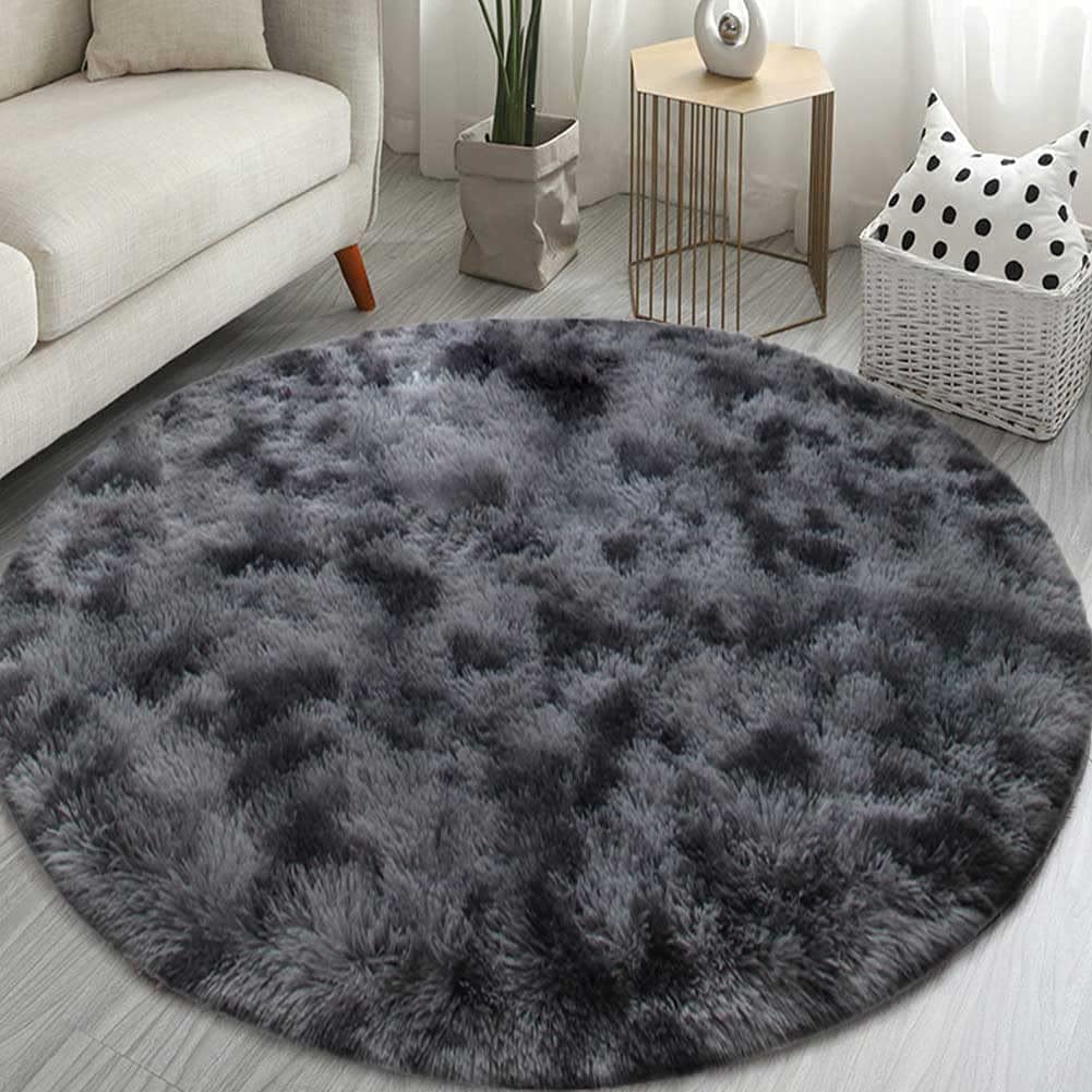 Tenekee Round Rugs for Bedrooms Fluffy Living Room Circle Area Rug Soft Shaggy Carpet for Kids Room Floor Mat (Black grey, 160cm)