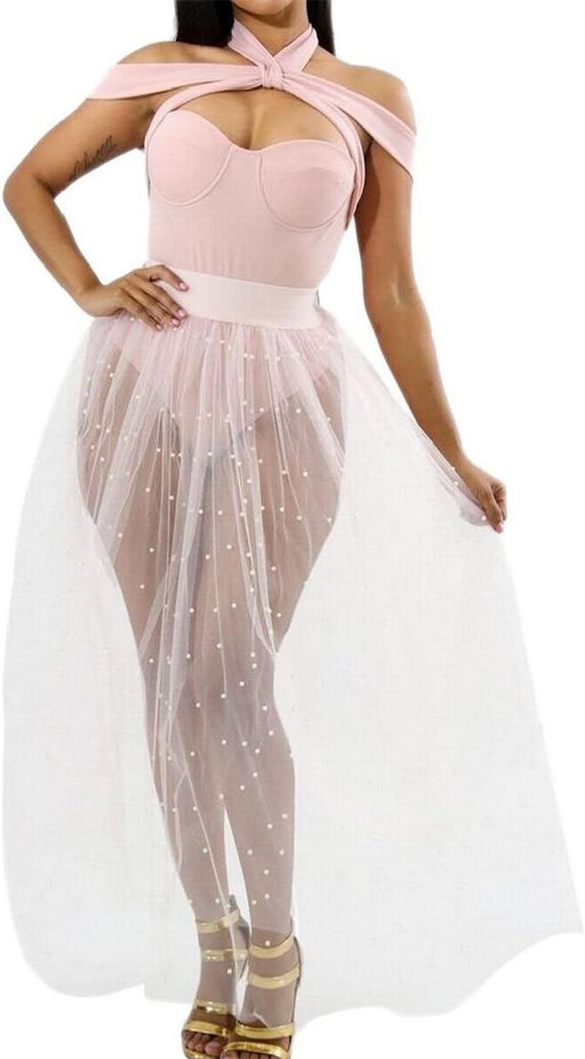 Glamaker Women's Sexy Tulle Sheer Elastic High Waist A Line Mesh Skirt Maxi