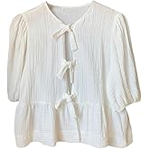 SweatyRocks Women's Bow Peplum Blouse Puff Short Sleeve Tie Front Top