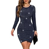 ihot Women's Glitter Party Dress Long Sleeve Crew Neck Faux Wrap Ruched Bodycon Sparkly Night Out Club Mini Dresses