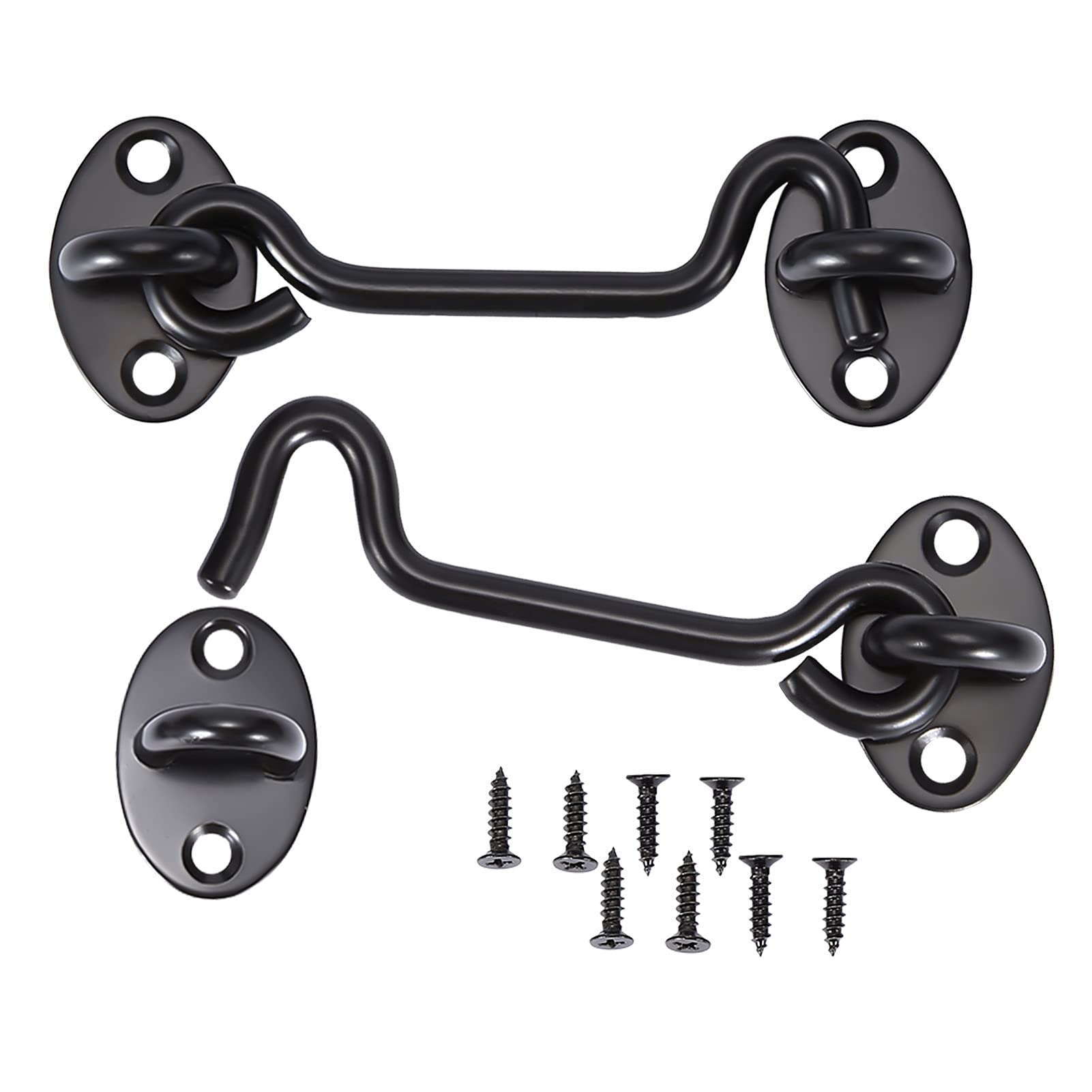 Black Cabin Hook and Eye Latch - Stainless Steel Gate Hook Lock with Mounting Screws for Shed or Garage Door (2pcs)