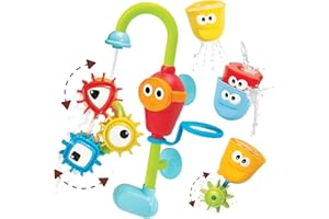 Yookidoo Bay Bath Toddler Toys (Ages 1-3) - 3 Stackable Cups, Spinning Gears, Hose & Spout for Water Play - Mold Free - Suction Cups Attach to Any Bath Tub or Shower - Spin N Sort Spout Pro