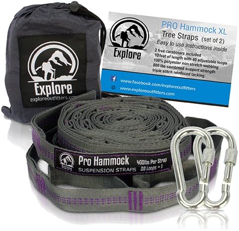 explore outfitters Hammock Tree Straps 2000+ LBS Heavy Duty Ultralight No-Stretch Adjustable Suspension System, XL, Set of 2, Purple