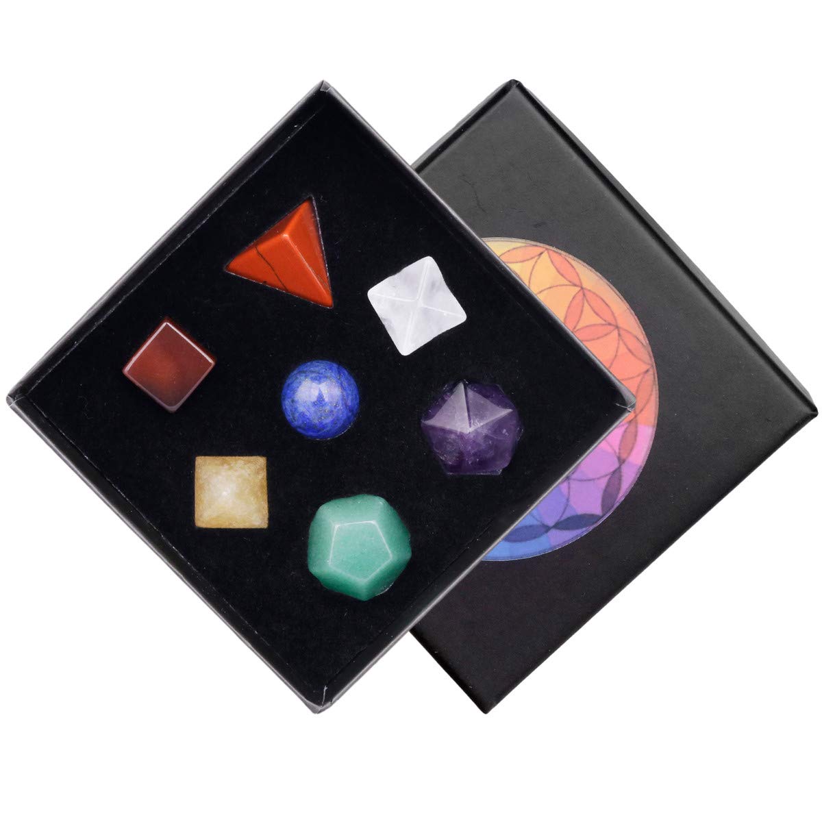 Nupuyai 7 Chakra Crystal Stone Platonic Solids Sacred Geometry Set, Merkaba Star Carved Stone Kit for Reiki Healing Home Decor