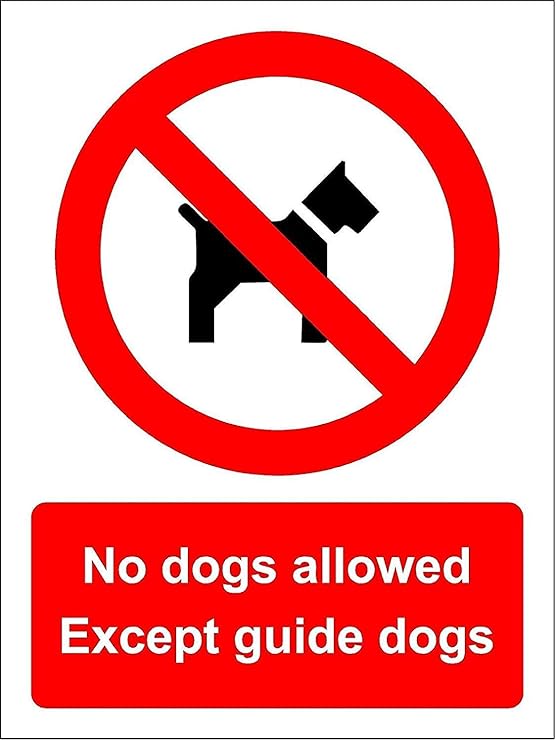 No dogs allowed Except guide dogs sign Face adhesive reverse window