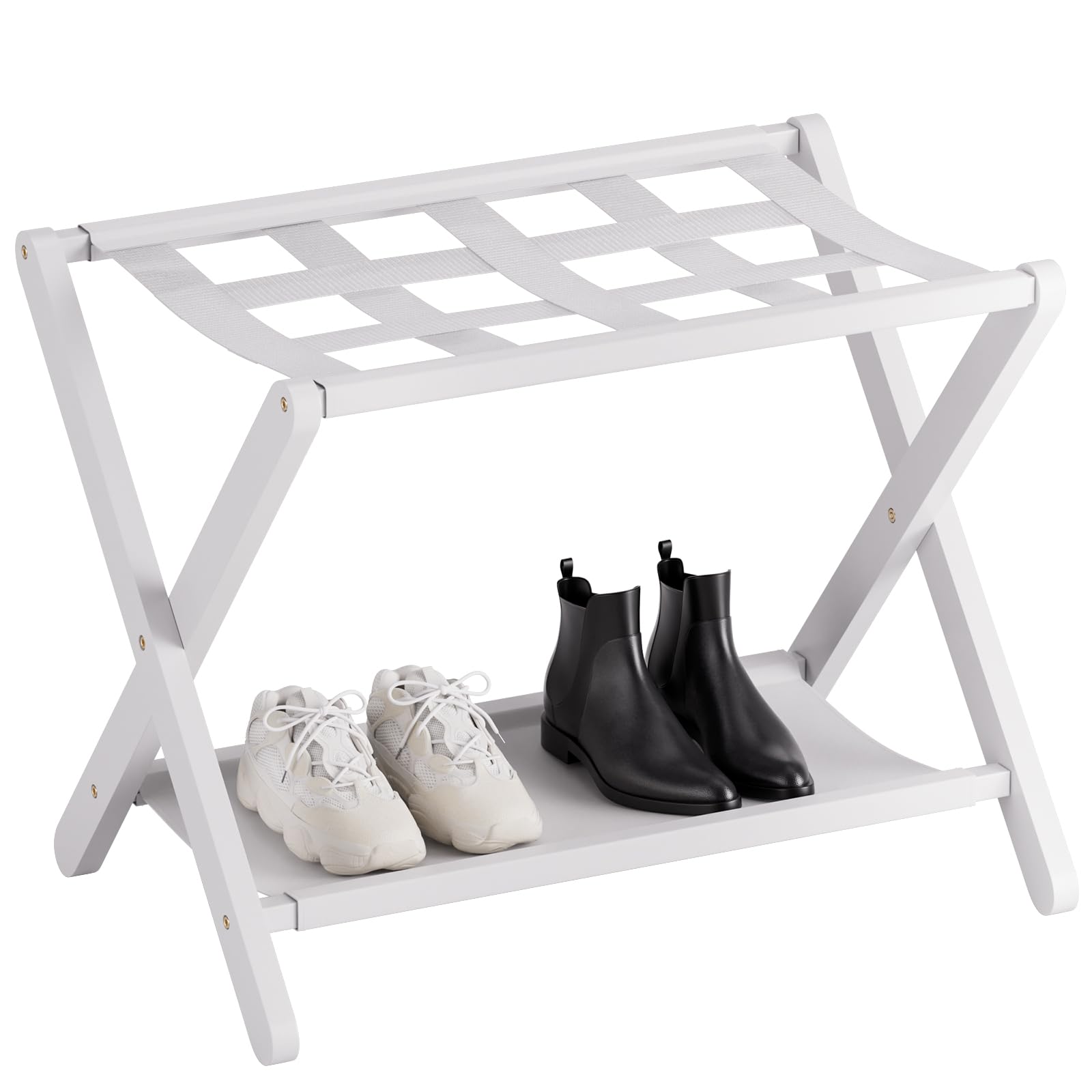 HITNET White Luggage Rack, Foldable Suitcase Stand for Guest Room, Bamboo Luggage Holder with Storage Shelf for Bedroom, Hotel, Holds up to 62kg