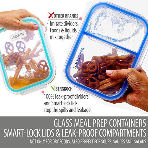 3 Pack Glass Meal Prep Containers 2 Compartment BPA Free Leakproof Glass Food Storage Containers Airtight Locking Lids Bento Lunch Box Containers Set in Large Insulated Thermal Cooler Meal Prep Bag