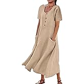 AUDATE Women's Plus Size Short Sleeve Casual Cotton Linen Long Dress Crew Neck Button Summer Beach Maxi Dress