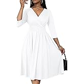 Nmoder Women's Wrap Dress Cocktail Church Wedding Midi Dress A-Line V Neck 3/4 Sleeve Casual Dresses with Pockets