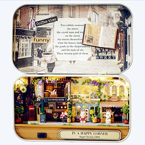Instenira Box Theater Dollhouse, Mini Cabin Handicraft DIY Assemble Box House Kits Art Gifts Creative Room with String Light Tweezer Ruler for Kids Friends Birthday Valentine's Day (Happy Corner)