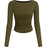 PRETTYGARDEN Long Sleeve Shirts for Women 2026 Fall Ruched Sides Boat Neck Basic Tee Casual Fitted Ribbed Knit Crop Tops