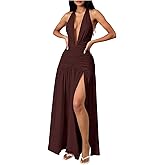 SHENHE Women's Deep V Neck High Slit Halter Dress Open Back Ruched Party Evening Maxi Dresses