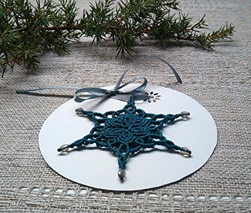 Snowflake Christmas Decor Macrame Ornament Winter Star with chrystal beads upcycled gift wrapping