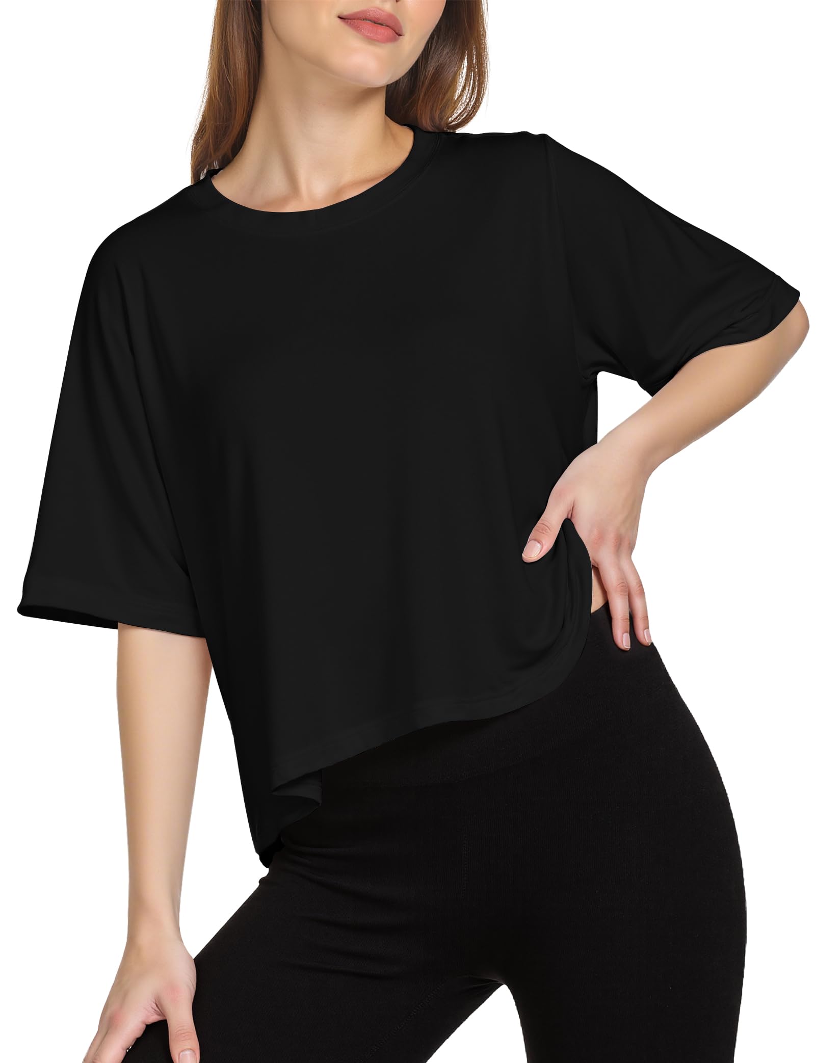 Photo 1 of Buauty Womens Oversized Workout T-Shirt, Short Sleeve Crop Tops, Basic Casual Tshirts, Summer Loose Gym Athletic Tee Black