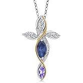 Cross Necklace For Women In 925 Silver and 10K Yellow Gold with Sapphire and Lab Grown Diamond and Tanzanite | 1.38 Cttw | Jesus Christian Religious Crucifix | Marquise 8X4MM | With 18 Inch Chain