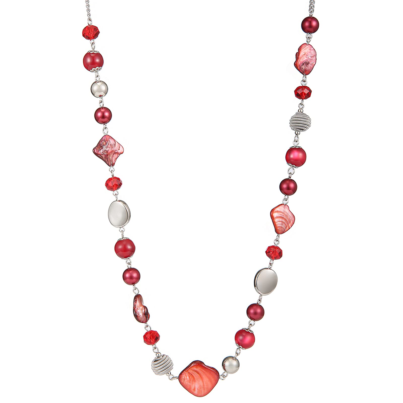FULU AUTUMN Long Silver Beaded Necklace for Women Chain Necklace with Shell Crystal Pearl Beads Fashion Jewellery Gifts for women(Red)