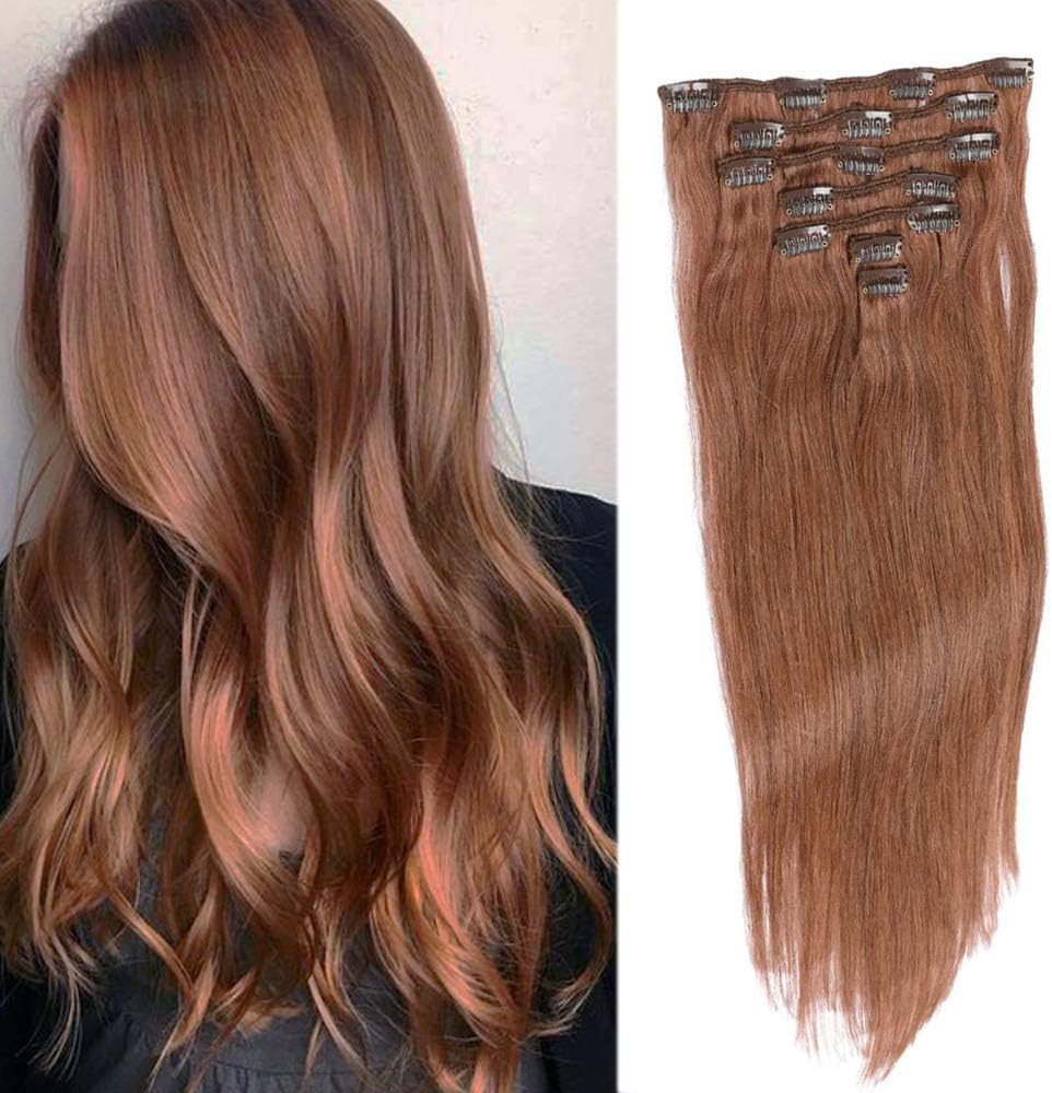 Clip in Hair Extensions Medium Auburn 15 Inch Short Straight Remy Human Hair Clip Extensions 70grams 7 Pieces(Color #30)