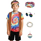 Treature Hippie Costume for Men 60s 70s Outfits for Men Tie Dye Shirt Set Fringe Carnival Vest Wig Tie Dye Headband for party