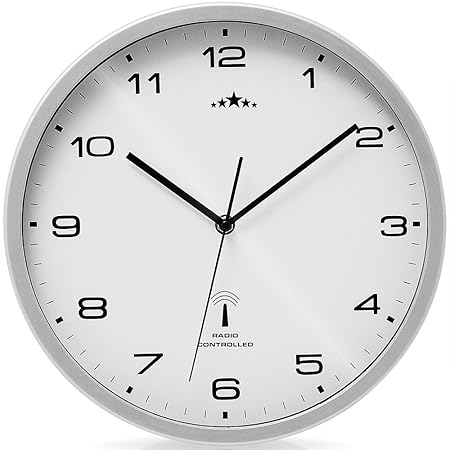 Monzana Wanduhr Funk Ø 31 cm Groß Weiß Silber Automatische Zeitumstellung Geräuscharm Modern - Funkuhr Funkwanduhr Uhr