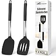 Silicone Turner Spatula Set of 2 Spatulas Silicone Heat Resistant 446°F Kitchen Spatulas for Cooking, Non Stick Cookware Food Grade, BPA Free, Dishwasher Safe, Black