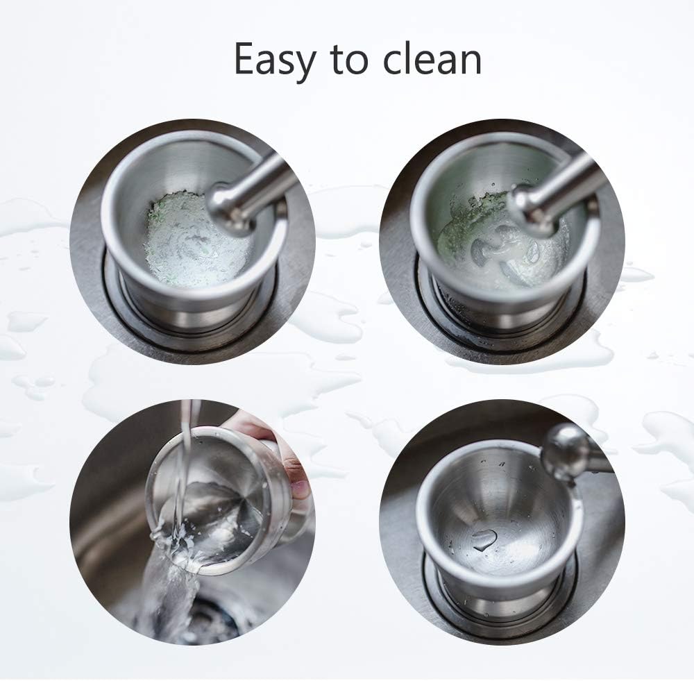 Tera 18/8 Stainless Steel Mortar and Pestle with Brush, Pill Crusher, Spice Grinder, Herb Bowl, Pesto Powder: Kitchen & Dining